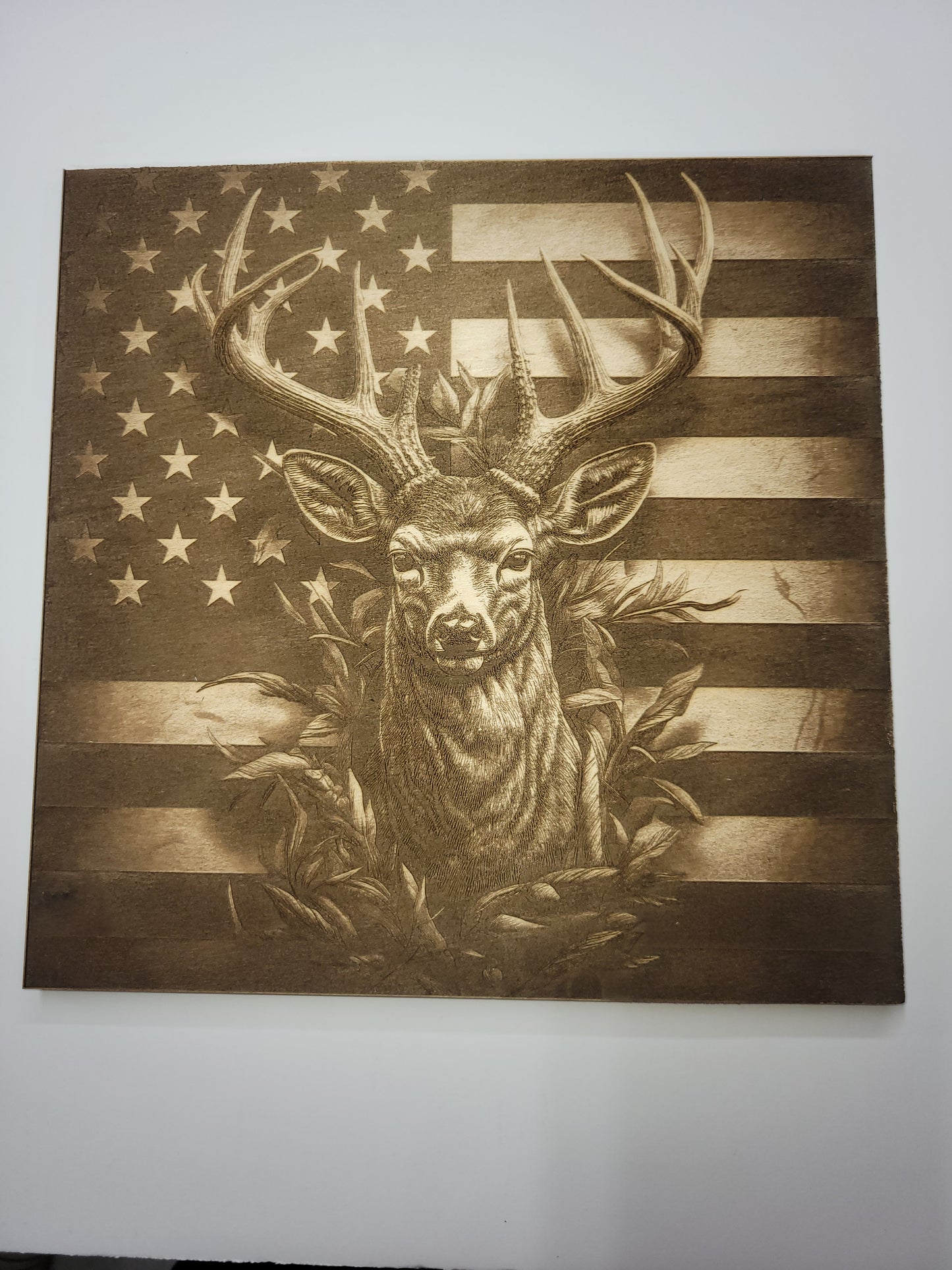 Buck deer and American flag 3D illusion laser plaque, patriotic hunter cabin decor, veteran-made Massachusetts