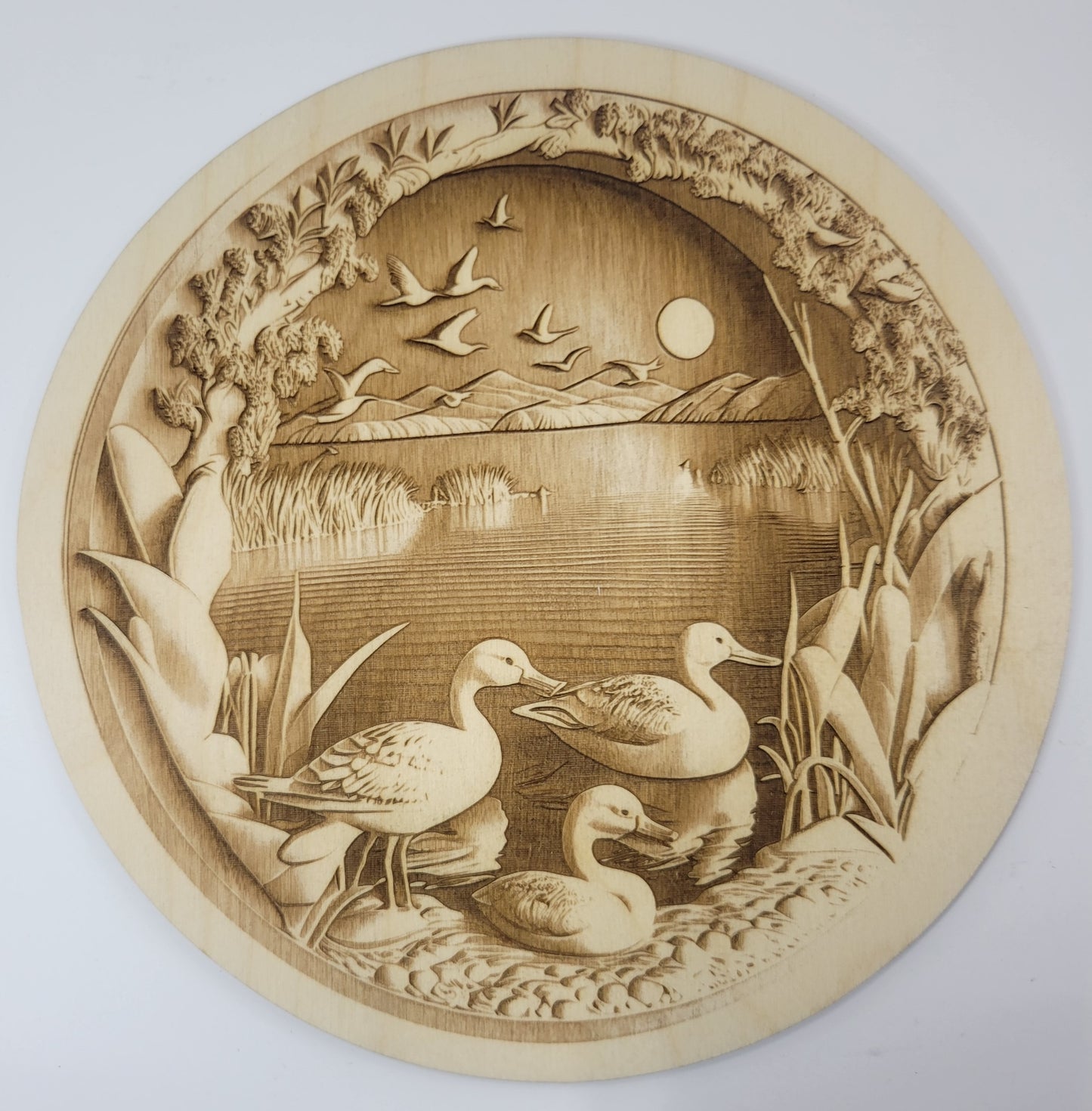 3D Illusion Wood Plaque - Duck Pond Scene | Laser Engraved Art | Rustic Wildlife Decor