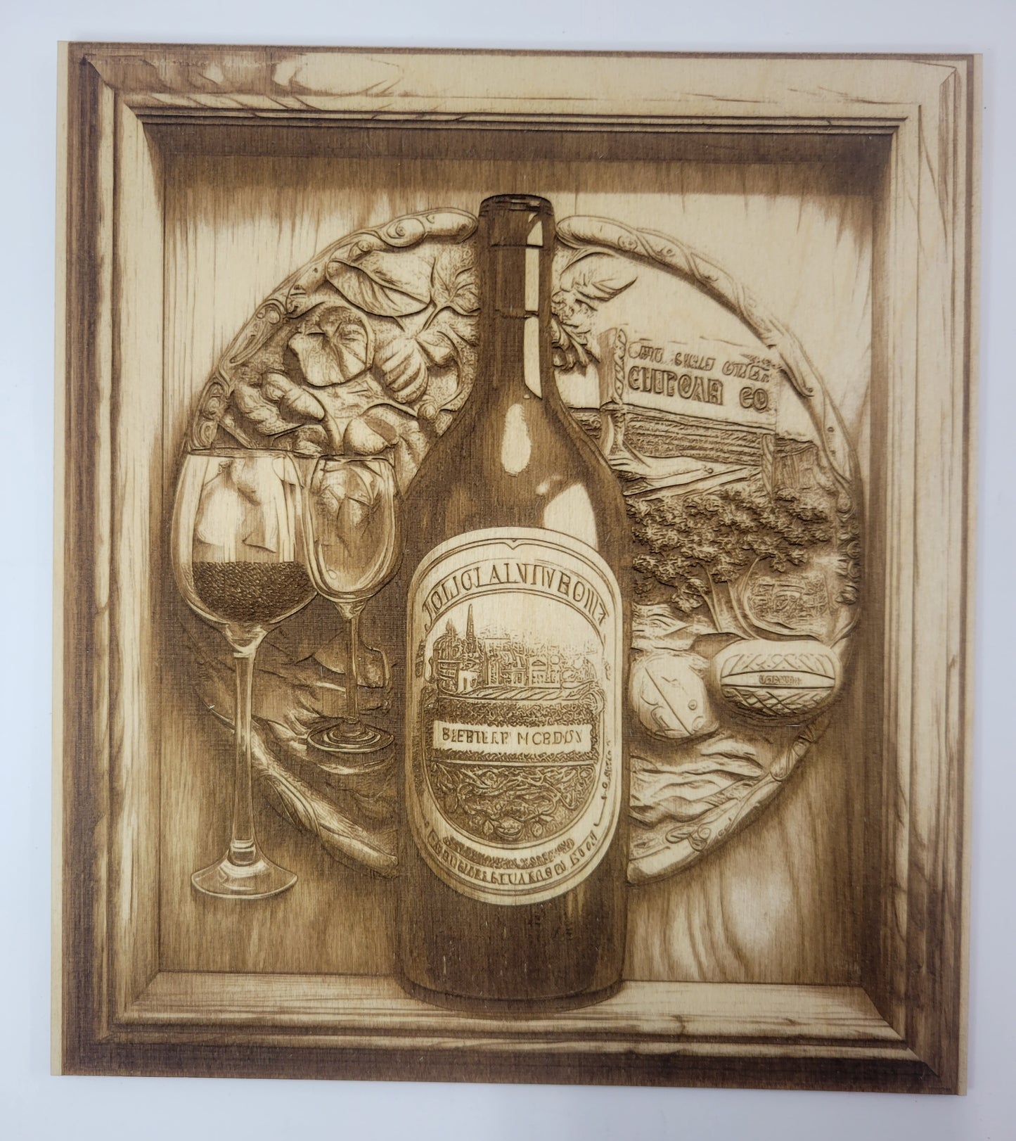 Wine bottle and glasses 3D optical illusion laser engraved wood plaque, bar art handcrafted by veteran in Massachusetts
