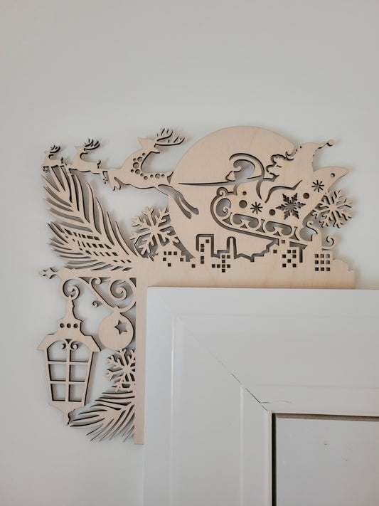 Santa in sleigh laser cut door corner wood decoration, handcrafted Christmas entryway accent veteran-made in Massachusetts