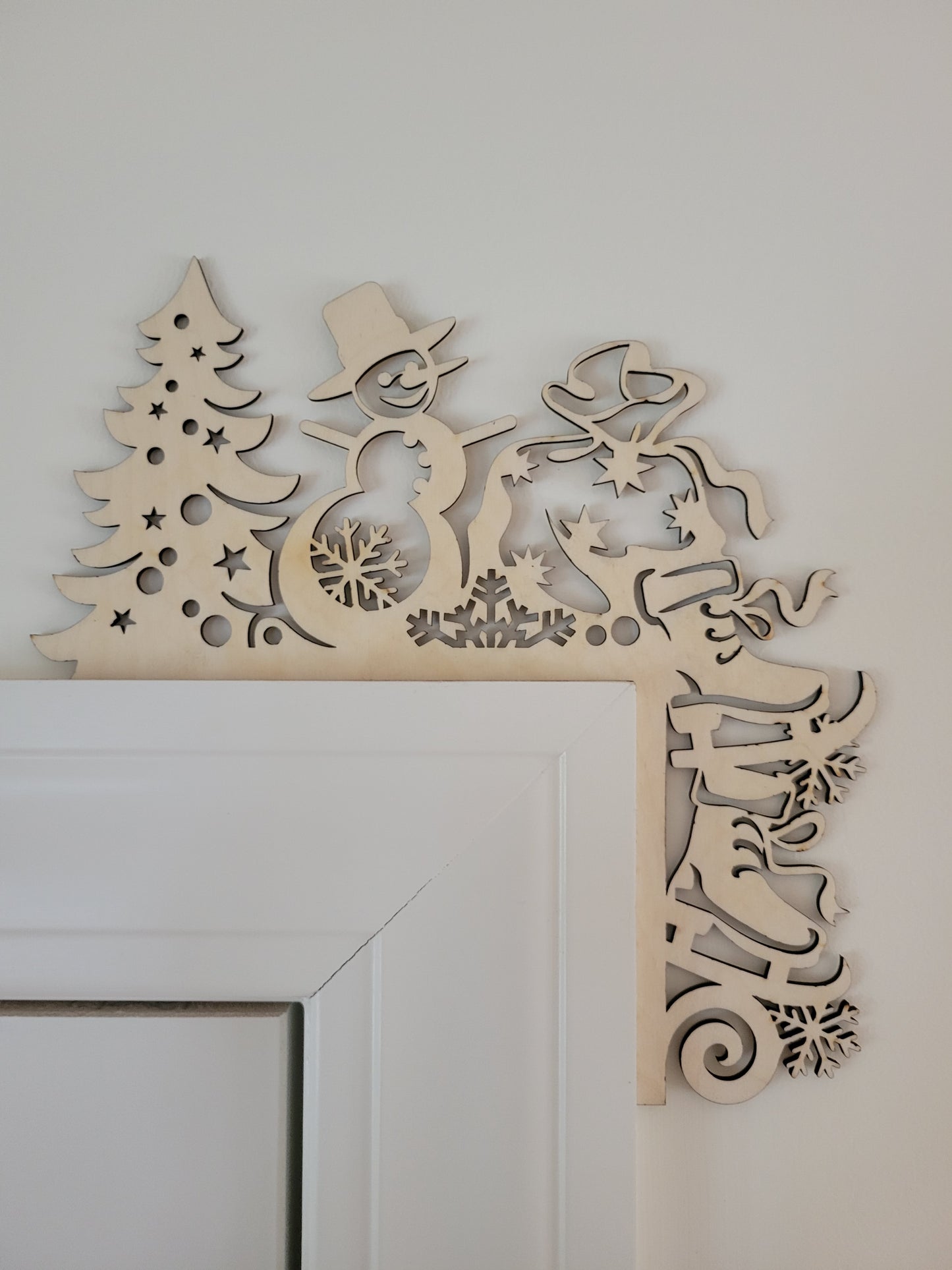 Laser cut snowman door corner wood decoration, handcrafted Christmas entryway accent veteran-made in Massachusetts