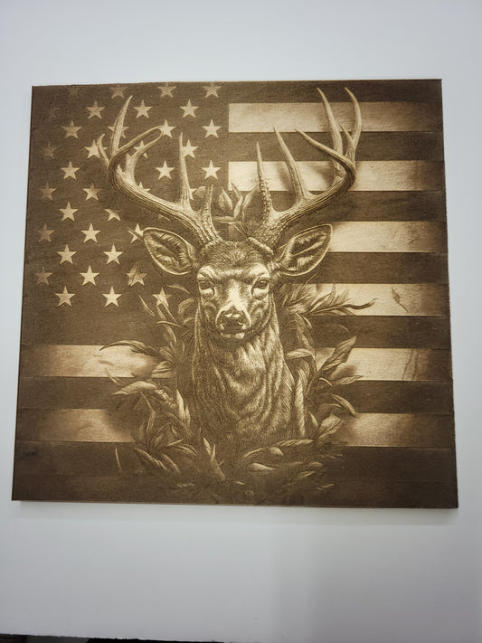 3D Illusion Engraved Plaque - Buck w/Flag