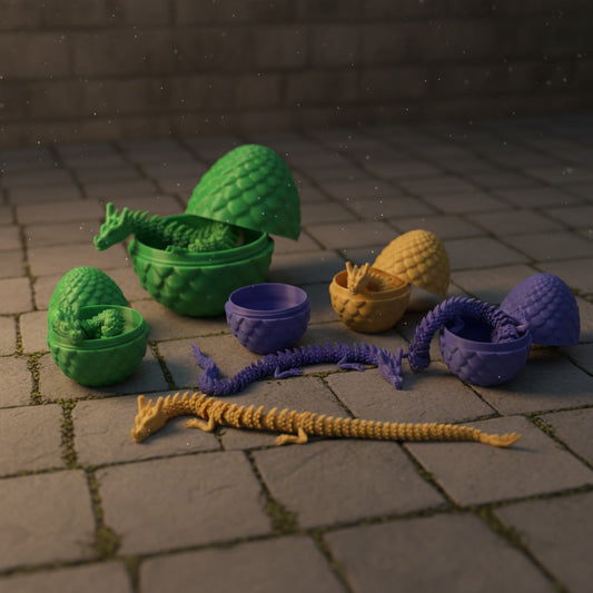 Colorful dragon-shaped toys on a stone floor