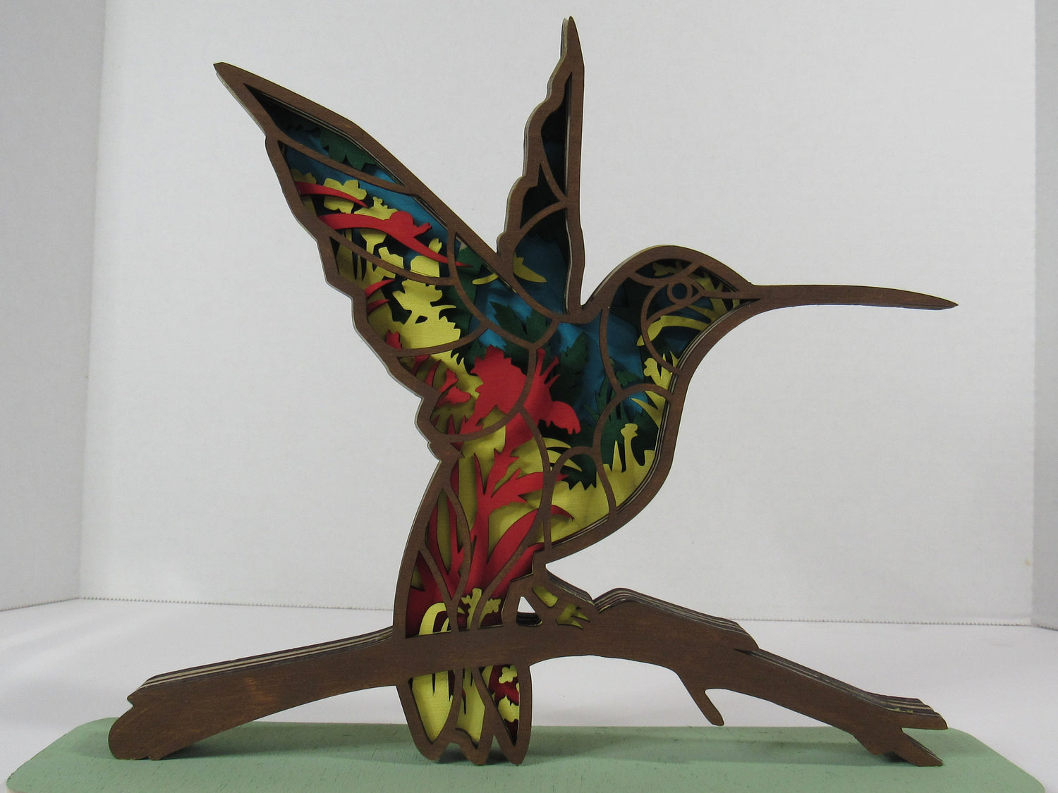 Hummingbird 3D layered hand-painted Baltic birch wood sculpture, nature and garden art veteran-crafted in Massachusetts